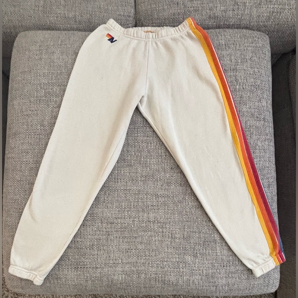 Aviator Nation Unisex Vintage White Rainbow Stripe Zip Hoodie (S) & Sweats (XS) - Picture 10 of 13